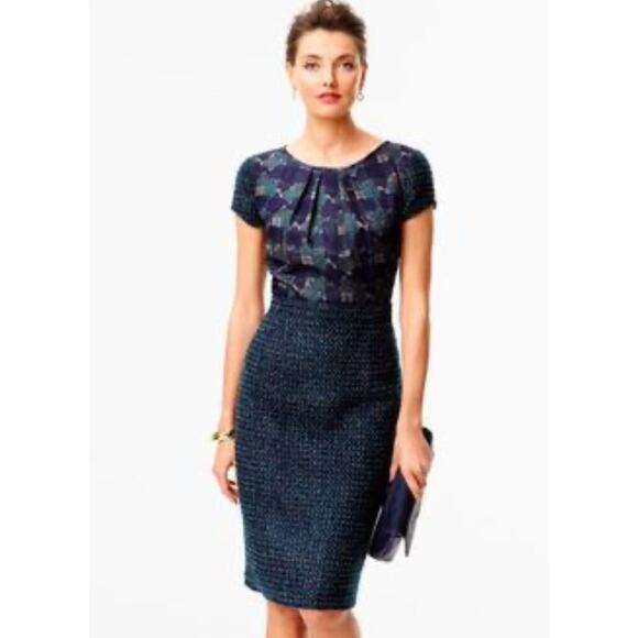 Talbots Tweed Teal Navy Abstract Top Pencil Dress sz 2 - Picture 1 of 6